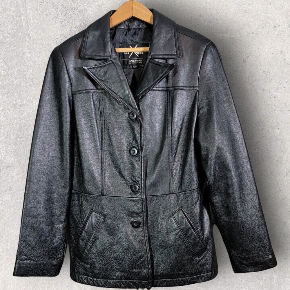 Wilsons Maxima Womens Black Leather Jacket Large VTG 90s Button Front Pockets